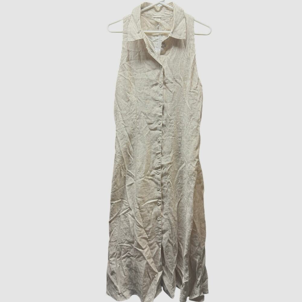 NWT Magaschoni 100% Linen Striped Button Down Collared Maxi Dress Size L